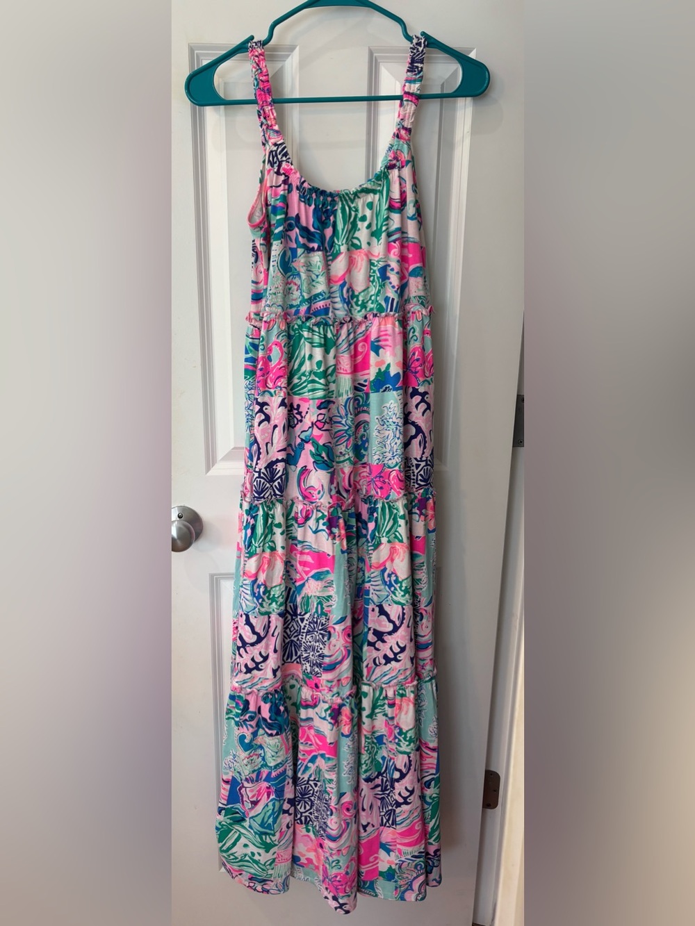 Lilly Pulitzer Loro Maxi Tiered Dress Patch to Match Patchwork Pink Blue HTF EUC